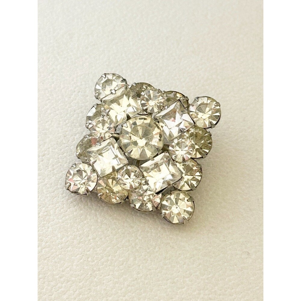Square Vintage Clear Rhinestone Cluster Brooch Mid Century Statement Jewelry